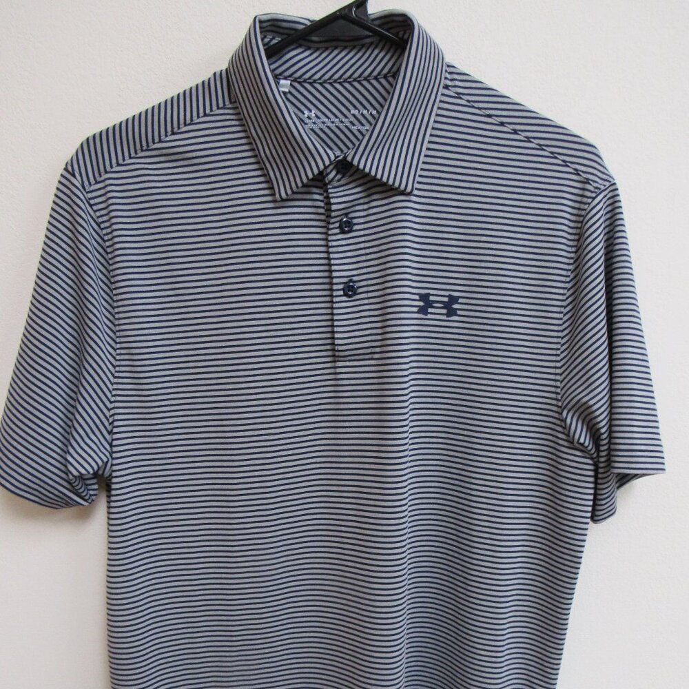 Under Armour Men's Polo Shirt Navy Blue Gray Striped‎ M HeatGear Loose Fit